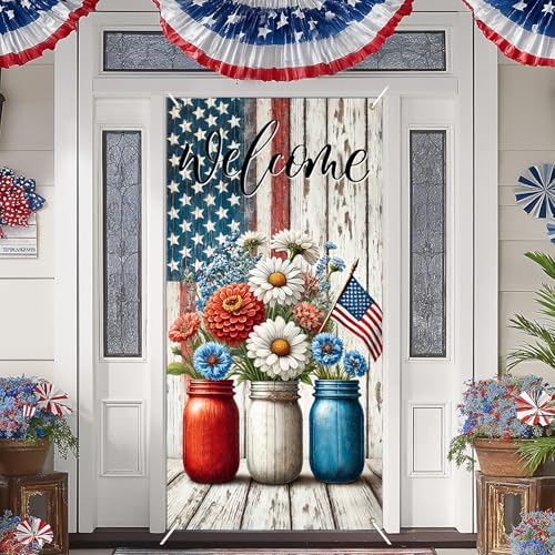Image of BlissYard Patriotic Welcome Door Cover 71x35 Inch 4th of July Front Door Cover Decoration American Flag Floral Door Banner Red White Blue Daisy Independence Day Porch Door Cover
