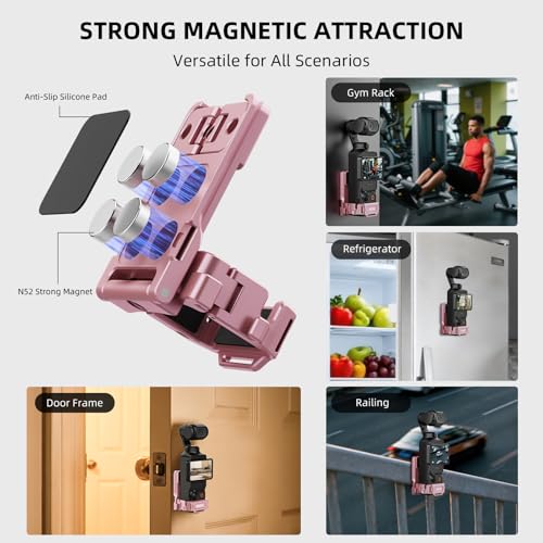 Image of Pocket 3 4 Magnetic Mount Stand, Expansion Adapter Magnet Holder & Cold Shoe for Xtra Muse 180 Adjustable Handle Aluminum Metal Clamp Frame Case Desk Base for DJI Osmo 3 4 Pink Accessories