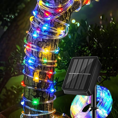 SIOOUI Solar-LED-Lichterkette für den Außenbereich, IP65, wasserdicht, mit 8 Beleuchtungsmodi, 12 m, 100 LEDs, Lichterkette, Solar-Dekorationslichter für Terrasse, Garten, Party (mehrfarbig)