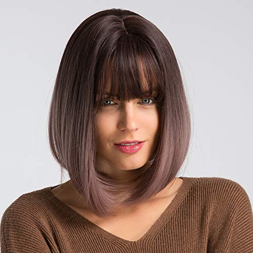 Altaba Dark Brown to Pink Short Bob Wig with Bangs Natural Looking Bob Wigs for Women 12" Straight Silky Hair Synthetic Heat Resistant Wigs for Daily Party Cosplay Hair Wig