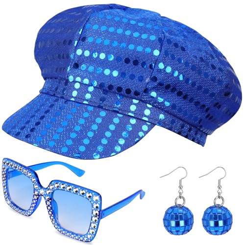 Dreamtop 3Pcs 70s Sequin Hat Abba Hat Abba accessories Women Disco Accessories with Sequins Hat Sunglasses Earrings Disco Costume Set for Women Theme Party Birthday Dance