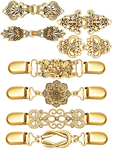 Juinte 8 Pcs Retro Sweater Clips Cinch Shawl Vintage Cardigan Collar Dress Shirt Brooch Clips for Women(Gold)