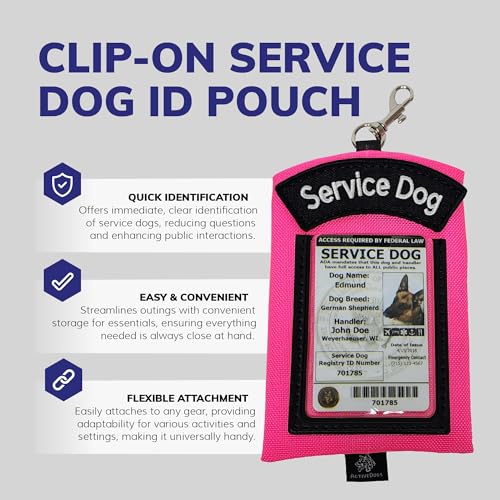 ActiveDogs Service Dog ID Card Pouch - Clip On Identification Badge Display Tag Holder & Carrier with Zippered Pocket for Small Bag Items - Made in USA, 5" x 4", Hot Pink2