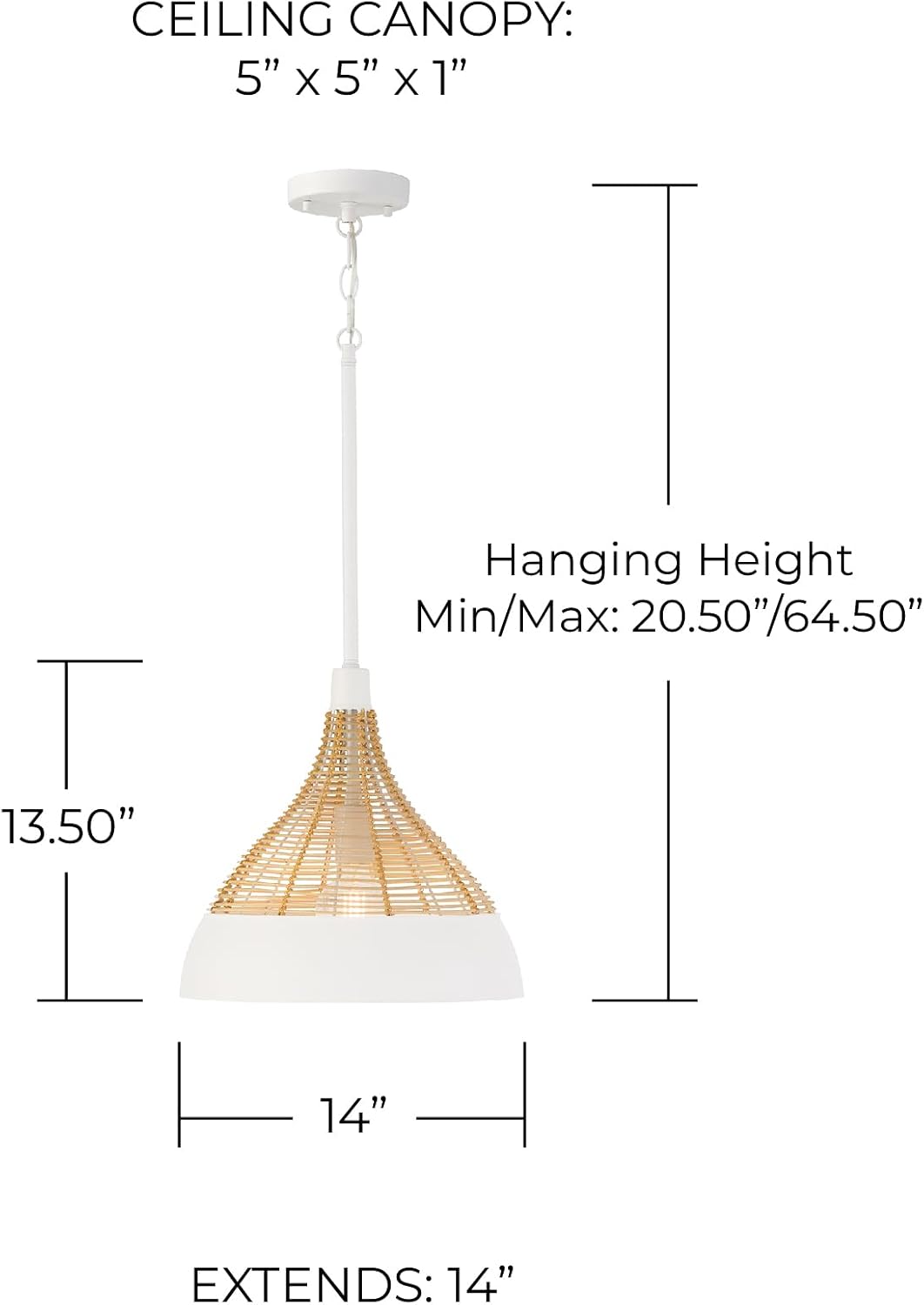 Capital Lighting 353911WE Kali Modern Hand-Wrapped Natural Rattan with Metal Conical Pendant Ceiling Light, 1-Light 100 Watt, 14" H x 14" W, Matte White