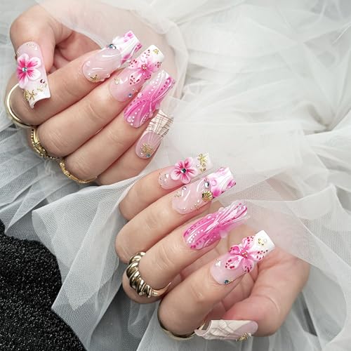 Pink Summer Floral Press On Nails 10pcs, 3D Flower Tropical
