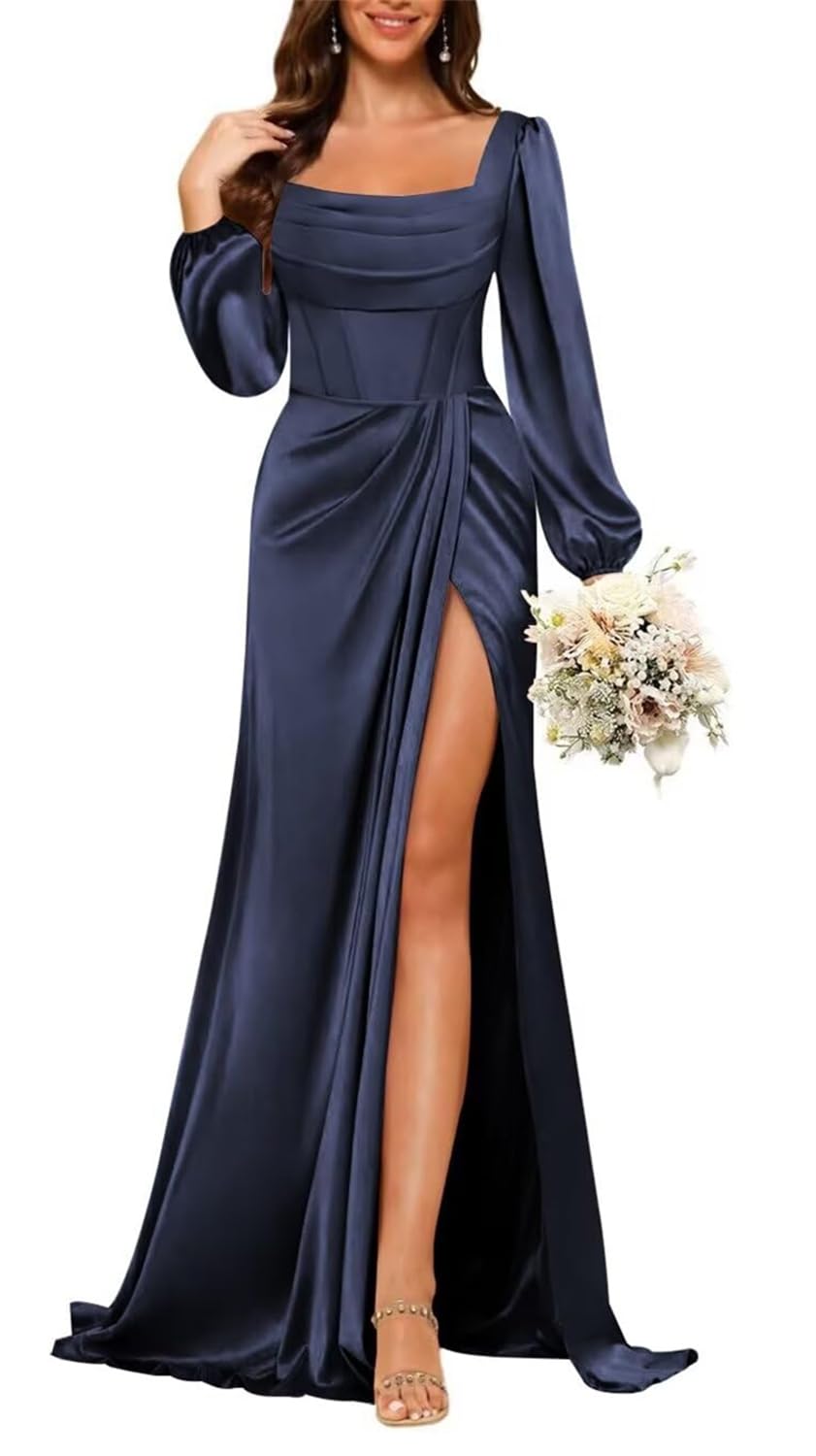 KURFACE Satin Navy Blue Prom Dresses for Women with Sleeves Side Slit Puff Sleeve Bridesmaid Dress Maid of Honor UK6