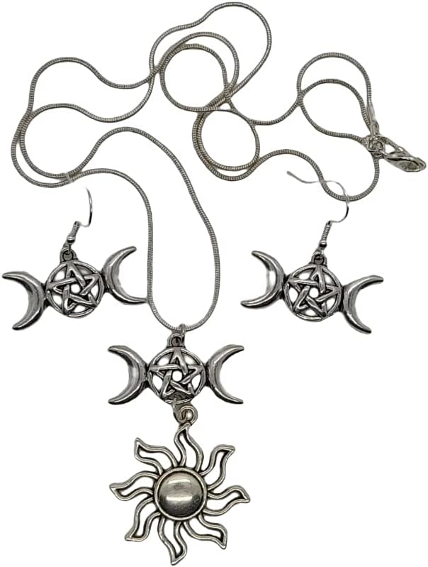Triple Moon Goddess Earrings and Necklace Jewellery Gift Set. Sterling Silver 925 Ear Hooks and Plated 24” Chain - Image 4
