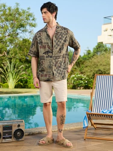 Image of The Souled Store Harbour Heritage Men and Boys Short Sleeve Cuban Collar Green All Over Print Summer Ready Streetwear Casual Cotton Oversized Shirt