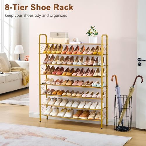 Image of Hoctieon 8 Tier Shoe Rack for Closet, Durable Mesh Style Shoe Rack, Entryway Shoe Shelf, Shoe Storage Organizer for Hallway, Bedroom, Living Room, Wardrobe, Gold