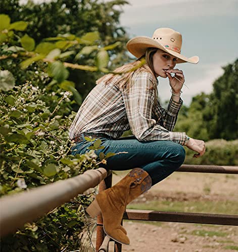 Swqzvt Women Western Cowgirl Boots: Cowboy Boot Embroidered Zipper Booties Round Toe Mid Calf Boots Camel 8 #TOP2