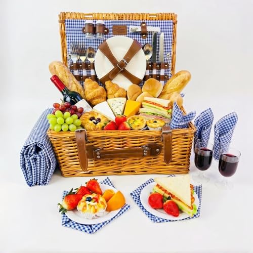 Image of Multifunctional Wicker Picnic Basket Set for 4 Blanket Family Folding Wine Table,Insulated Portable Extra Big Storage Capacity Woven Rattan Canasta De Full Tablewares Camping Outdoor Flowers Blue