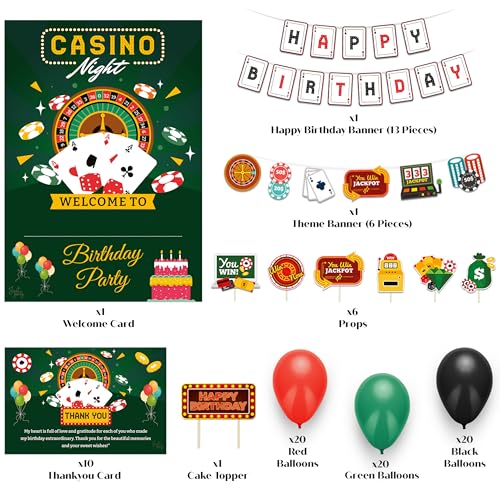 Image of Just Party Casino Theme Party Decoration - 99 pcs Happy Birthday Decoration Kit for Adults | Vegas Theme Birthday Decoration Items for Boys & Girls | Includes Balloons, Props, Banners, Cake Topper