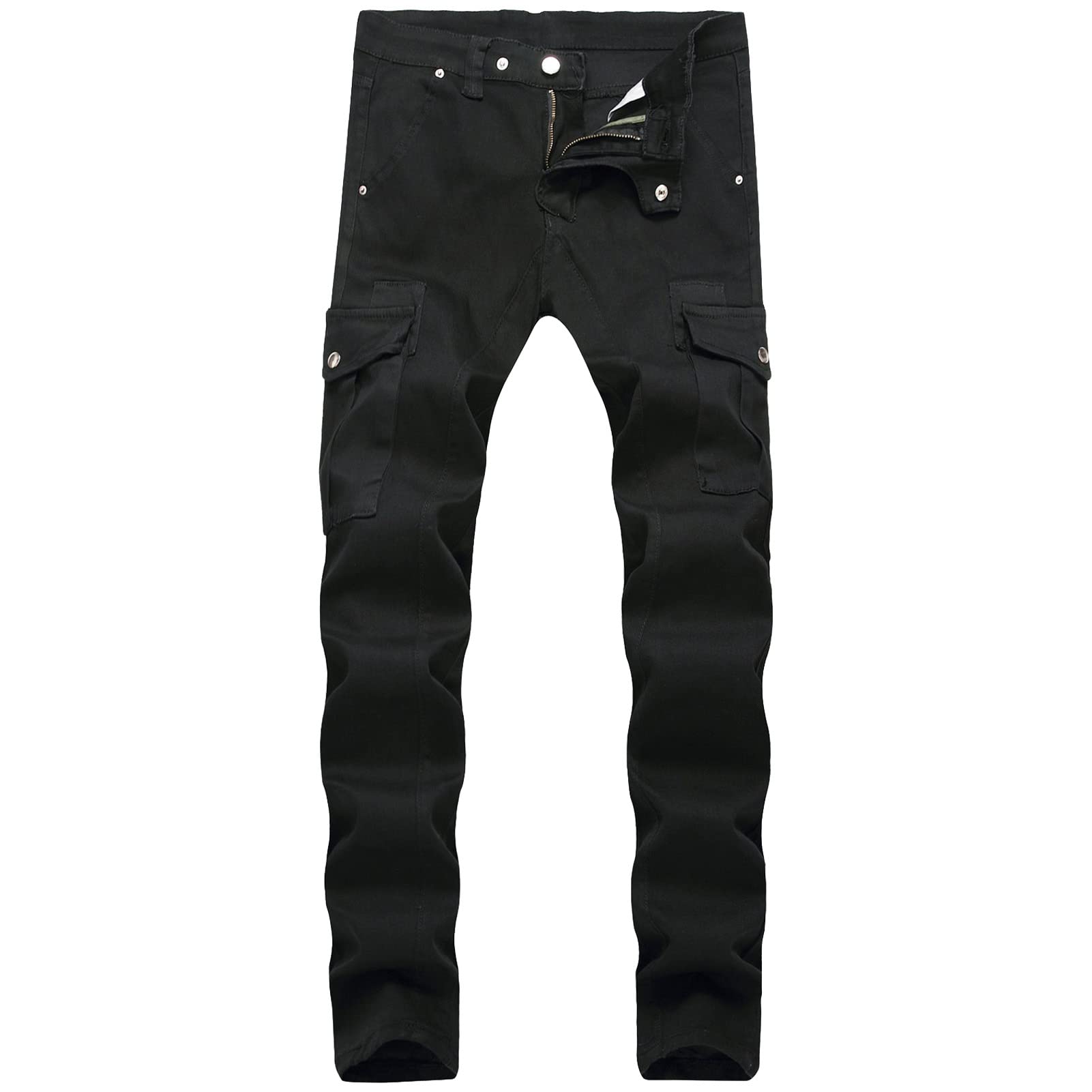 Maiyifu-GJ Men's Destroyed Ripped Stretch Jeans Distressed Multi Pockets Biker Denim Pants Slim Zipper Moto Jean Trousers (Black 1,33)