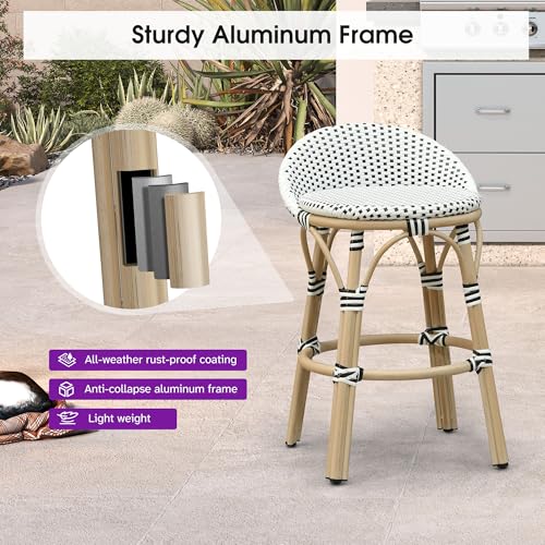Image of PURPLE LEAF Patio Oversized Backrest Counter Height Stool Set of 1 Outdoor Round Barstools Aluminum Frame in Champagne Finish Woven Rattan for Indoor Kitchen Dining Bistros Cafe Restaurant White