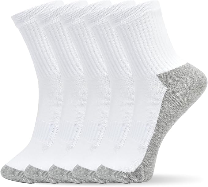 5 Pairs High Crew socks for Running Casual Athletic Gym | Unisex Cotton Socks Moisture Wicking Breathable Cushioned |White Gray