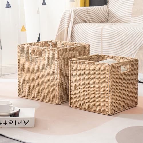 Foldable Square Baskets Set of 4, Paper Woven Storage Cube Bins with Handles for Shelves Cubby Organizing (Natural, 13'' x 13'' x 13'') by CYMFBSFBU - Image 8