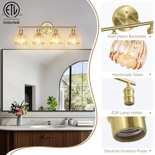 Image of Vintage Bathroom Light fixtures, Gold Vanity Lights, ETL Certified