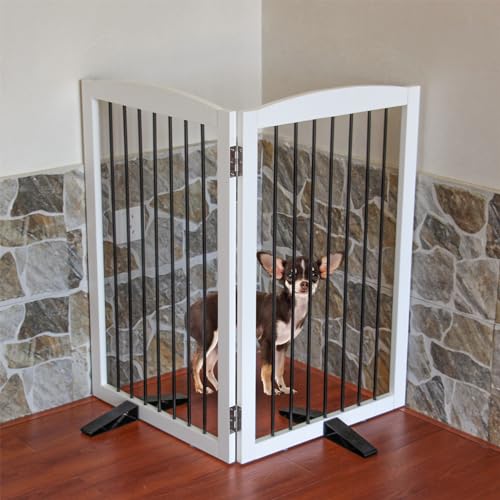 Freestanding-Panel-Dog-Gate-for-Indoor-DoorwaysStairs-or-HallwaysFoldable-Wooden-White-Dog-Gates-for-HousePet-Gate-for-DogsDog-Fence-Puppy-GateSupport-Feet-Included-32-Height-2-Panels