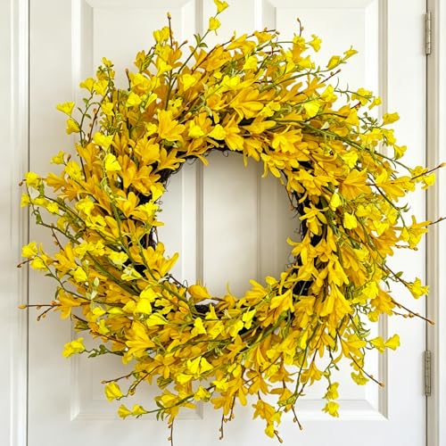 Lslefu 22 Summer Wreaths for Front Door Artificial Forsythia Flower Wreath on Grapevine Yellow Wreaths with Green Leaves Silk Floral Wreath for Home Indoor Wall Window Garden Porch Farmhouse Decor