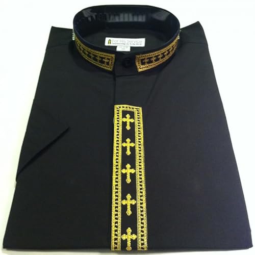 Clergy Shirts for Women with Embroidered Cross Collar - Short Sleeve (Black/Gold - 14)