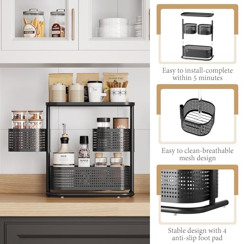 Image of 3 Tier Bathroom Counter Organizer, Rotating Countertop Vanity Storage Cabinet with Standing Shelf, Cosmetic Holder for Skincare & Makeup, Kitchen Spice Rack, Bedroom Nightstand Organizer, Black