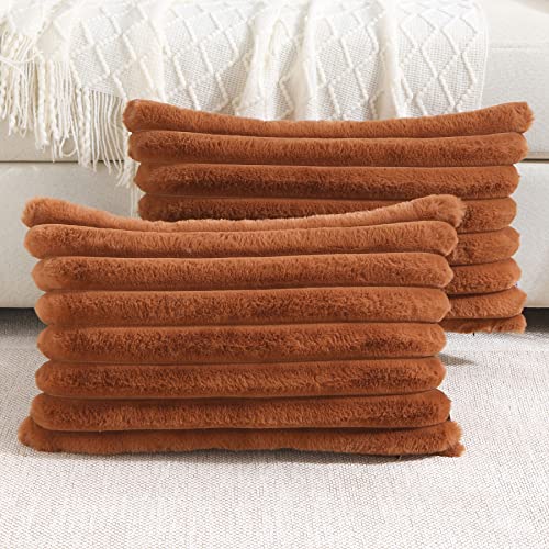 FUTEI Brown Striped Decorative Throw Pillow Covers 12x20 Inch Set of 2,Rectangle Winter Decorations Couch Lumbar Pillowcase,Soft Cozy Faux Rabbit Fur & Velvet Back,Modern Home Decor for Bed
