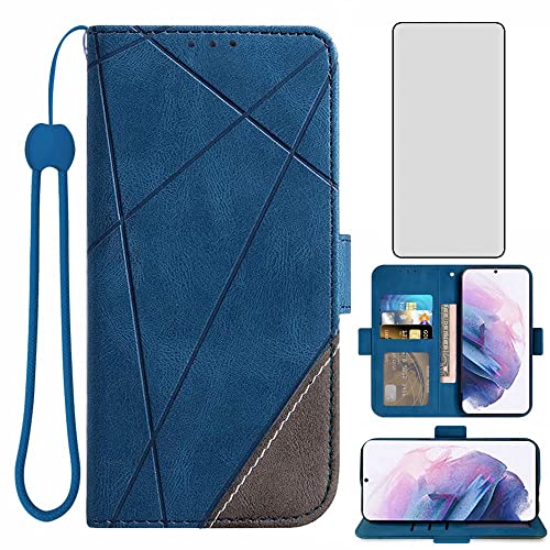 Asuwish Compatible with Samsung Galaxy S22 5G Wallet Case and Tempered Glass Screen Protector Lanyard Leather Flip Card Holder Stand Wrist Strap Cell Phone Cover for Gaxaly S 22 22S G5 Women Men Blue