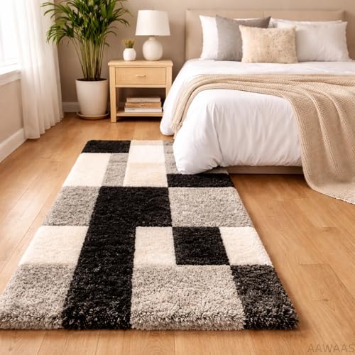 Image of 3D Shaggy Polyester Carpet Rug Runner Area Mats for Bedroom /Living Area /Home with Anti Slip Backing Soft /Fluffy Hight Pile - (3D Black B, 2x6 feet)