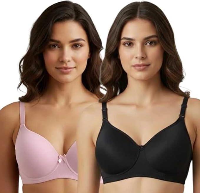 Emavic Women's Cotton Blend Lightly Padded Full Coverage Wirefree T-Shirt Bra Combo Pack of 2
