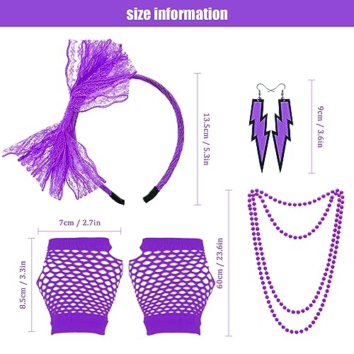 Grantop 80s Fancy Dress Costume Accessories for Women, 1980s Fancy Party Costume Set with Lace Headband Earrings Necklace Fishnet Glove, Fancy Party Costume for Retro Party (Purple) - Image 2