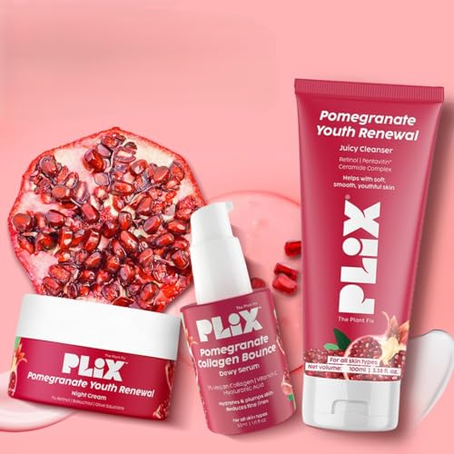 Image of Plix Pomegranate Youth Renewal Night Care Combo with Juicy Cleanser, Youth Renewal Serum & Retinol Night Cream | Fine Lines, Wrinkles & Hydration