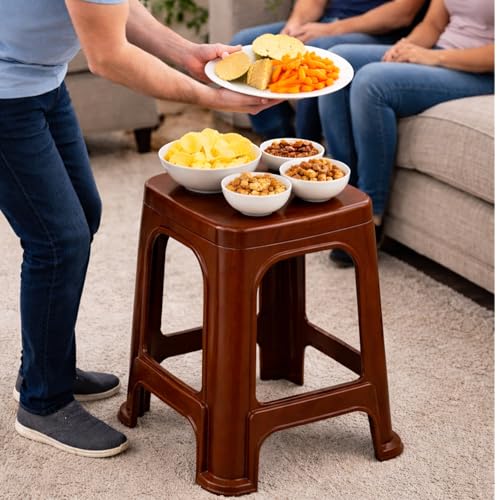 Image of PulGos Pack of 2 Brown Plastic Sitting Stool for Home, Office & Outdoor Use | Compact, Lightweight & Durable Stool for Adults & Kids | Use as Footrest, Side Table, Extra Seating for Living Room