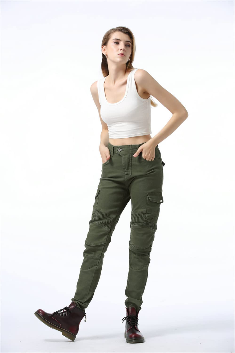 LINGKY Pantaloni da Moto da Donna Equitazione Pantaloni Motorcycle Biker Jeans Protezione Rinforzato Ginocchio Anca Pads (ArmyGreen,S)