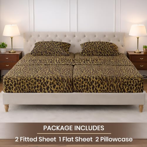 Image of SGI Split King Sheet Set for Adjustable Bed Egyptian Premium Cotton 600 Thread Count Sheets for Sleep Number Bed 15 inch Deep Pocket 5 Pc Set with 2 Twin XL Fitted Sheets Soft Breathable -Leopard Print