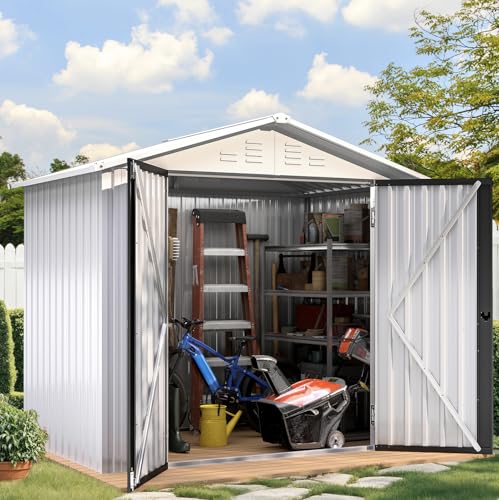 Image of DWVO 6x4ft Storage Shed for Outdoors, Metal Sturdy Weatherproof Tool Locker with Secure Door and Ventilation for Equipment, Mowers, Bikes, Outdoor Spaces, White