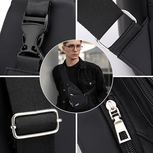 Peicees Mens Crossbody Bag Trendy Sling Bag Fashion Man Purse Waterproof Sling Backpack Daypack Cross Body Chest Bag for Men Women, Leather Black and Nylon Black4