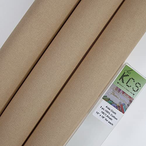 Image of KCS 3 pc of 15 inch x 18 inch Counted Cross Stitch Cotton Aida Cloth Needlework Fabric,18CT,Khaki