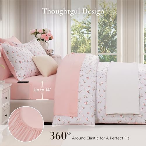Image of Andency Floral Full Comforter Set, 7 Pieces Cute Pink Coquette Bedding