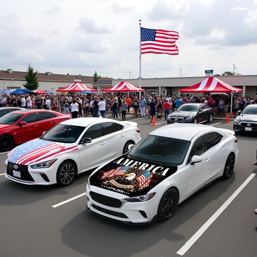 Image of American Car Hood Cover - 59x51 American Car Hood Cover Flag Bonnet Banner with 2 Adjustable Triangular Fasteners, Universal Fit for Trucks, SUV, Patriotic Car America Flag Decor
