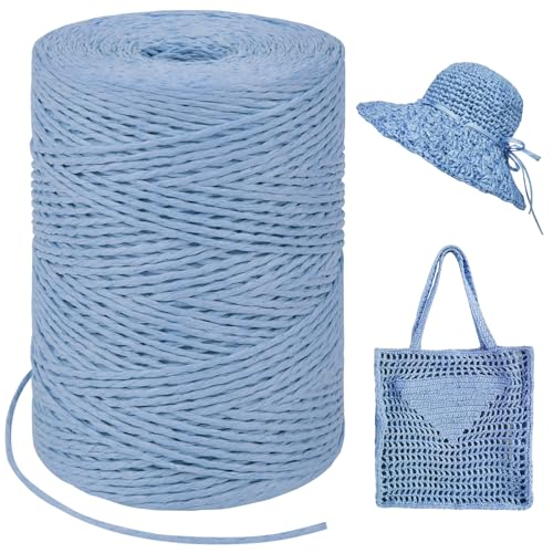 Image of Light Blue Raffia Yarn for Crochet Bags, 1.5mm x 328 Yards Round String Ribbon for Gift Wrapping, Paper Yarn for Crocheting Sun Hat, Bag, DIY Crafts, Holiday Decoration