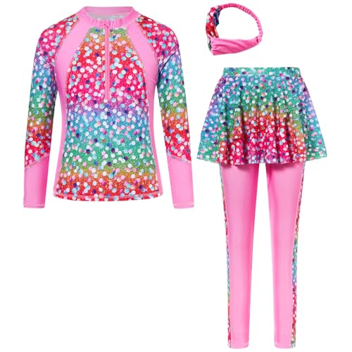 Image of Girls Long Sleeve Rashguard Half Zip Swimsuits UPF 50+ Two Piece Swim Sets with Hairband 5-12Y | Two Piece Swim Sets with Hairband