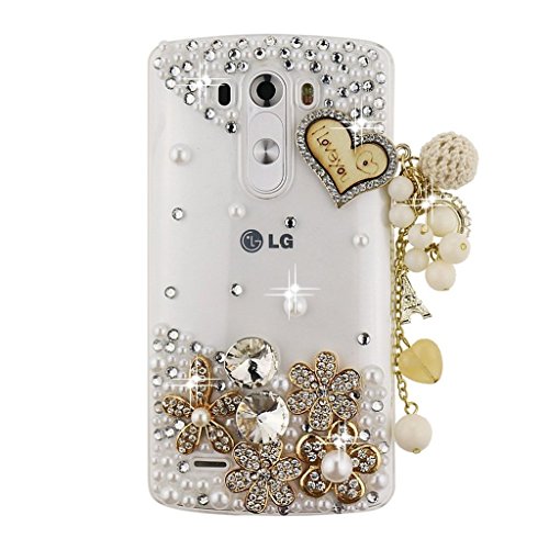 LG G Stylo Case, Sense-TE Luxurious Crystal 3D Handmade Sparkle Diamond Rhinestone Cover with Retro Bowknot Anti Dust Plug - Heart Pendant Flowers / Gold