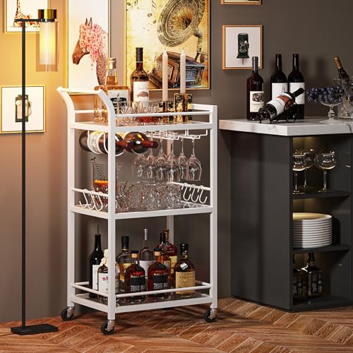Image of TUTOTAK Bar Cart with 3 Mirrored Shelves, Wine Rack & Glass Holder | 3-Tier 18.5 Inch Wide Home Bar Serving Carts, Small Mobile Kitchen Shelf with 6 Hooks, White BC01BW034
