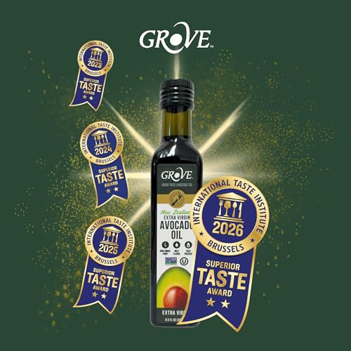 Image of Grove Extra Virgin Avocado Oil - Plant Based, Vegan, Gluten Free, 100% Natural, Cold Pressed, High Smoke Point, 16 Whole Avocados in Every Bottle (8.4oz, 250ml)