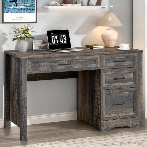 Image of Vabches Farmhouse Executive Desk with Storage and Ample File Drawer, Rustic Large Home Writing Desk for Bedroom, Dark Oak