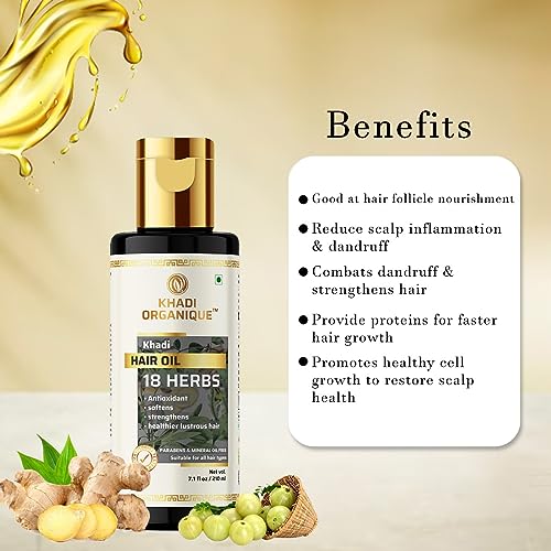 Image of Khadi Organique 18 Herbs Herbal Hair Oil to Repair Dry Scalp | Softens Hair, Prevents Dandruff & Hair Growth | Natural & Non-Sticky Formula | Paraben & Sulphate Free Formula for Women & Men - 210ml