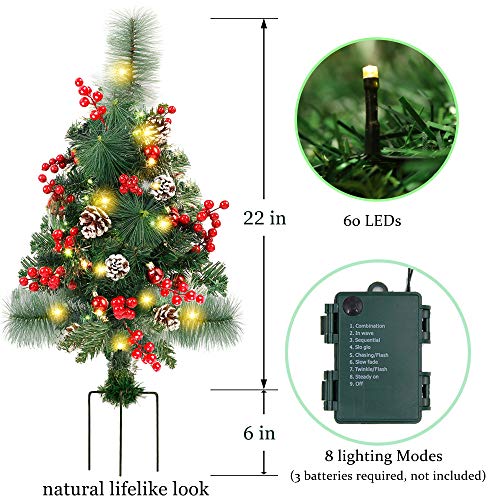 Lulu Home 2 Pack 2 Ft Pre-Lit Pathway Christmas Trees With Stake, Battery Operated 60 Led Lighted Small Christmas Trees Yard Stake Outdoor Decoration With Red Berries, Red Balls, Pine Cones #TOP1