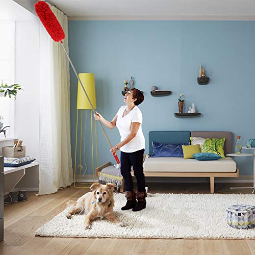 Image of DELUX Microfiber Feather Duster Extendable Cobweb Duster with 100 inches Extra Long Pole, Bendable Head & Scratch-Resistant Hat for Cleaning Ceiling Fan, High Ceiling, Blinds, Furniture & Cars Red
