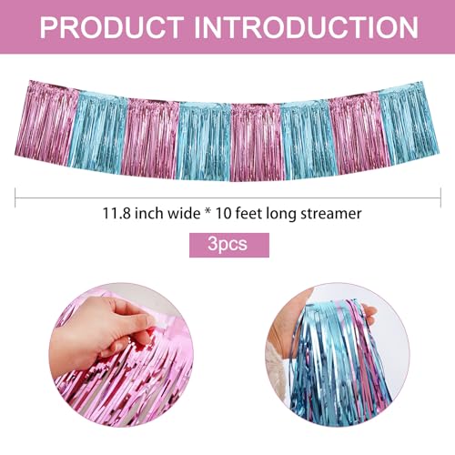 Image of BEISHIDA 3 Packs Metallic Foil Fringe Garland Pink Light Blue Wall Hanging Tinsel Fringe Banners for Car Floats Bridal Shower Wedding Birthday Graduation Holiday Party Decoration(30 Feet)