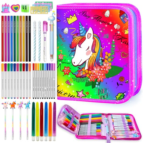 Image of weirtoya 53 PCS Washable Scented Markers Set with Glitter Pencil Case, Mermaid Unicorn Arts and Crafts for kids 4-6-8 Kids Coloring Drawing Kits for 4-8 Years Old Girls Birthday Gifts